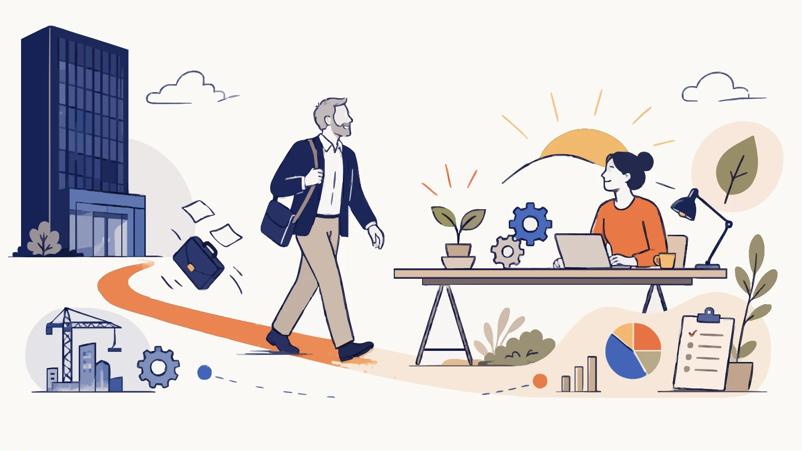 Un homme quitte une tour de bureaux, mallette et papiers en suspension derrière lui, et rejoint une table de travail où une femme dessine des graphiques : le chemin orange relie les deux.