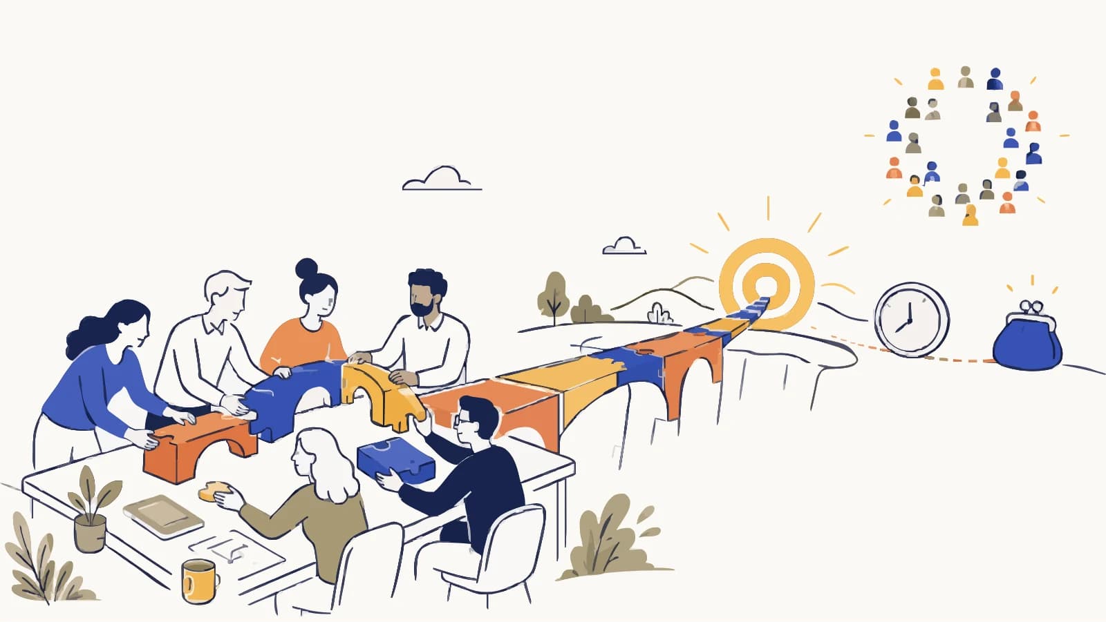 Une équipe assemble ensemble un long pont de blocs colorés qui franchit un vallon et mène à une cible ; à droite, un cercle de silhouettes et une horloge.