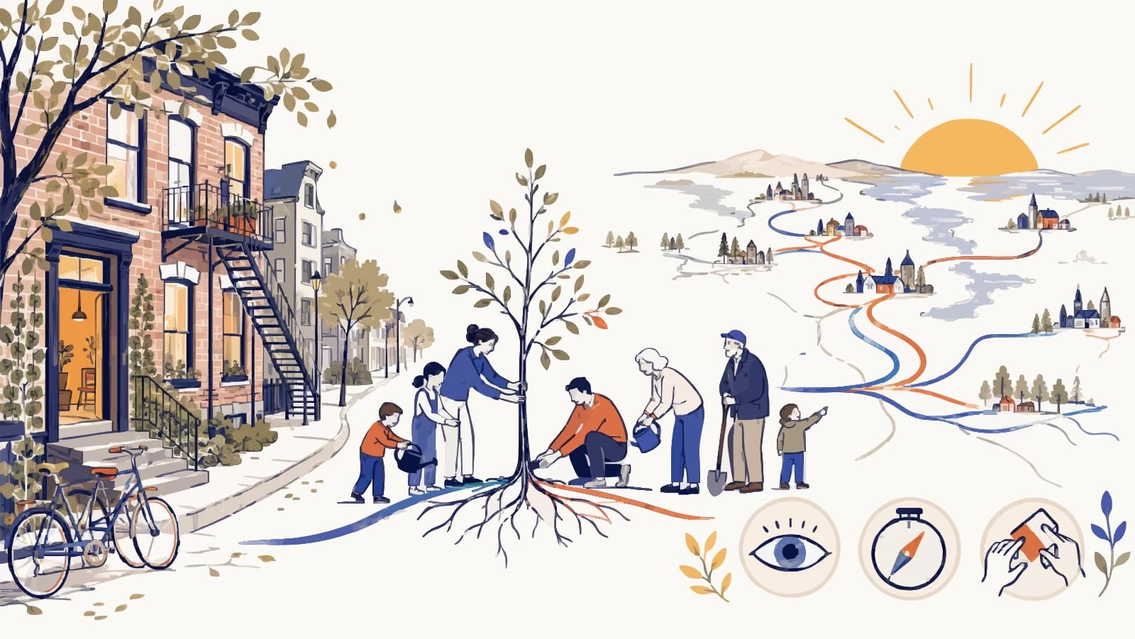 Devant une maison à escalier extérieur montréalais et un vélo, trois générations plantent ensemble un jeune arbre dont les racines s'étendent, en bleu et orange, vers des villages et un soleil levant ; en bas, trois médaillons — un œil, une boussole, une main qui sème.