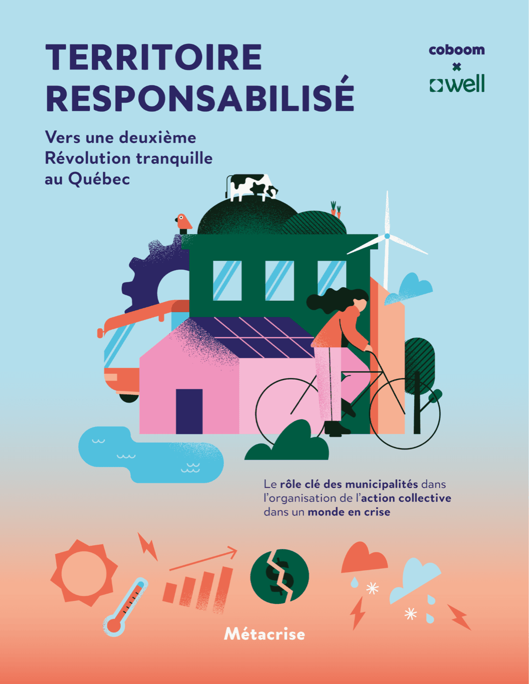 Couverture de « Territoire responsabilisé » : illustration d'un village aux toits verts et roses, éolienne, autobus et cycliste, sur un ciel bleu qui vire à l'orange.